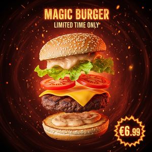 Imagen 4.0 Ultra Generate 001 — Magic Burger Explosion: Fiery Photorealism Challenge