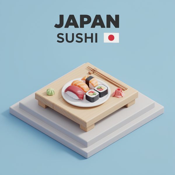 AI image generated by FLUX.2 [max], ranked #2 of 21 in the "Isometric Miniature Diorama Scenes" arena challenge — prompt: Create a clear, 45° top-down isometric miniature 3D cartoon scene of Japan's signature dish: sushi, with soft refined textures, realistic PBR materials, gentle lighting, on a small raised diorama base with minimal garnish and plate. Solid light blue background. At top-center: 'JAPAN' in large bold text, 'SUSHI' below it, small flag icon. Perfectly centered, ultra-clean, high-clarity, square format.