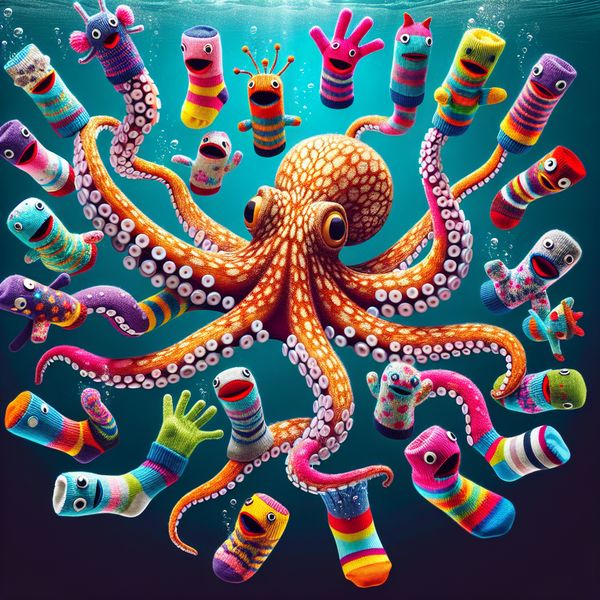 AI image generated by DALL-E 3 — prompt: A real octopus with each tentacle covered by a sock puppet.