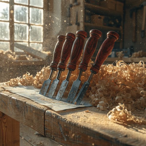 A hyper-realistic close-up of a rustic wooden workbench in a sunlit carpentry workshop. In the ce...