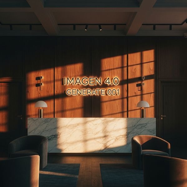 A wide, cinematic shot of a high-end, boutique hotel lobby at golden hour. In the center of the f...