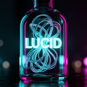 A hyper-realistic close-up of a neon-lit glass bottle. In...
