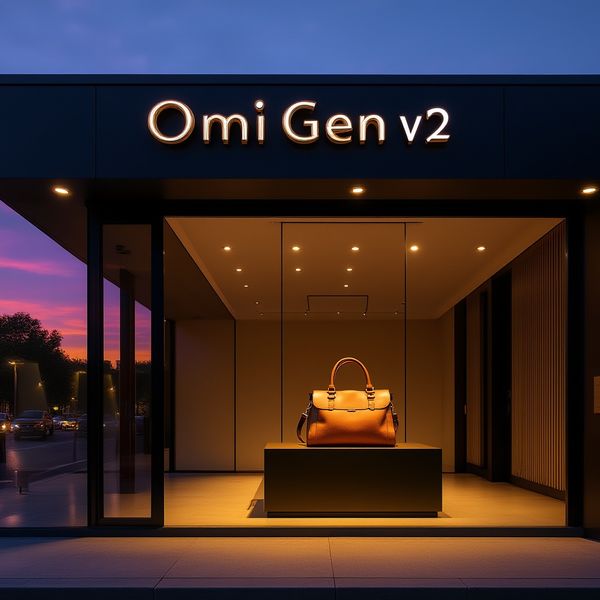 A cinematic, wide-angle shot of a high-end, contemporary boutique storefront at dusk. The shop’s ...