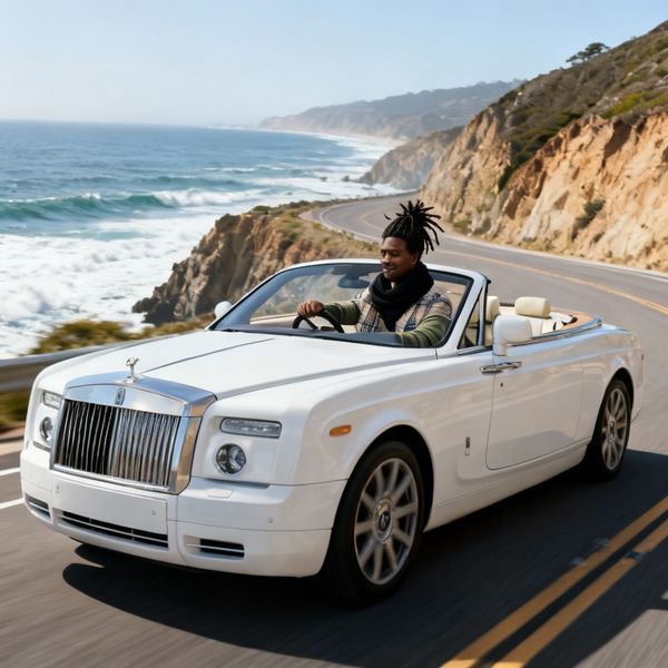 AI image generated by Seedream 4.0, ranked #13 of 13 in the "Man and Car in California" arena challenge — prompt: Make a photo of the man driving the car down the California coastline