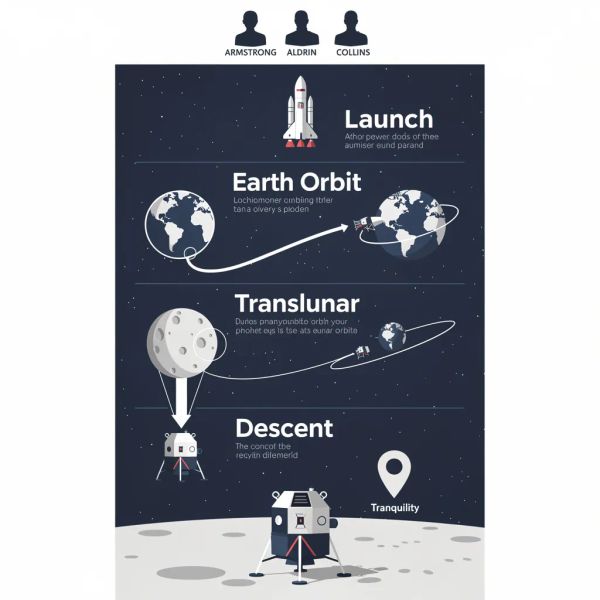 AI image generated by FLUX.2 [pro], ranked #13 of 19 in the "Apollo 11: Journey to Tranquility" arena challenge — prompt: Create a clean, modern vector infographic poster about the Apollo 11 mission. NASA-inspired palette (navy, white, muted red, light gray). Flat-vector style, crisp lines, consistent iconography, subtle gradients only.
Steps (stop at landing):
1. Launch (Saturn Vicon)
2. Earth Orbit (Earth + orbit ring icon)
3. Translunar (trajectory arc icon)
4. Lunar Orbit (Moon + orbit ring icon)
5. Descent (lunar module descending icon)
6. Landing (lunar module on the surface icon)
Small supporting elements (minimal text):
• Crew strip: three silhouette icons with only last names:
Armstrong, Aldrin, Collins.
• Landing site marker: Moon pin labeled "Tranquility" only.
Layout constraints: generous margins, large readable labels, clean background with subtle stars. Vector-only, print-poster look, high resolution.