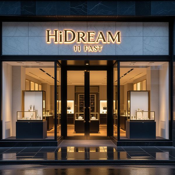 A cinematic, wide-angle shot of a luxury boutique storefront at dusk. The shop’s large glass wind...