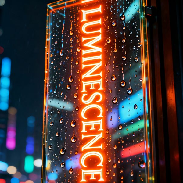 A hyper-realistic close-up of a neon-lit glass signage that reads "LUMINESCENCE" in elegant serif...