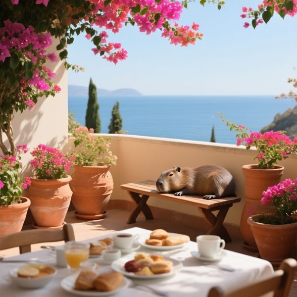 A sun-drenched Mediterranean balcony overlooking the sea, overflowing with vibrant bougainvillea ...