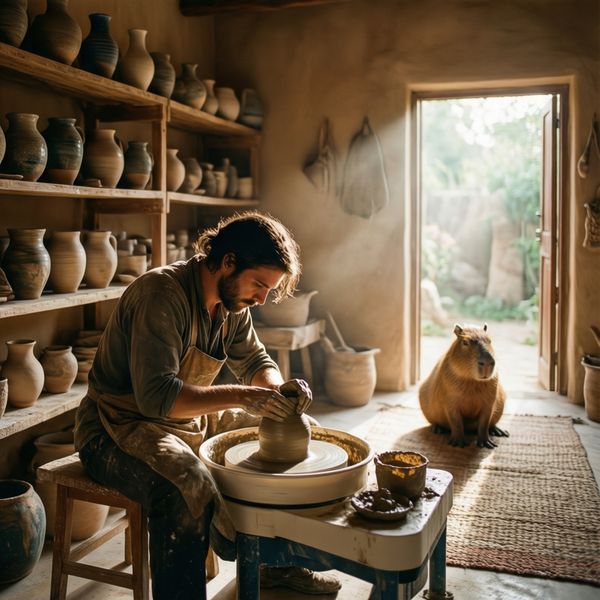 A sun-drenched, airy pottery studio with shelves of handmade ceramic vases and earthy textures. A...