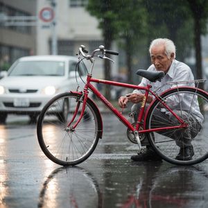 A candid street photo of an elderly Japanese man repairin...