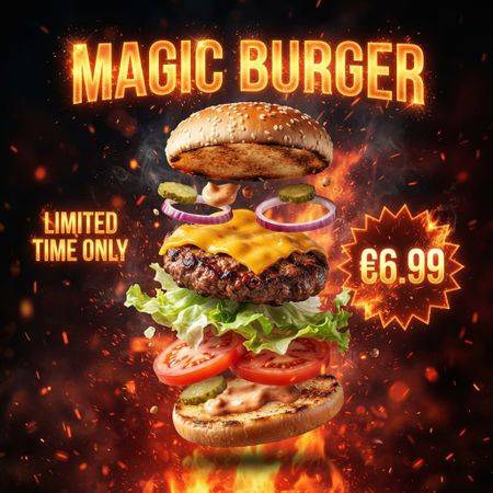 Nano Banana 2 Lite benchmark result for Magic Burger Explosion: Fiery Photorealism Challenge