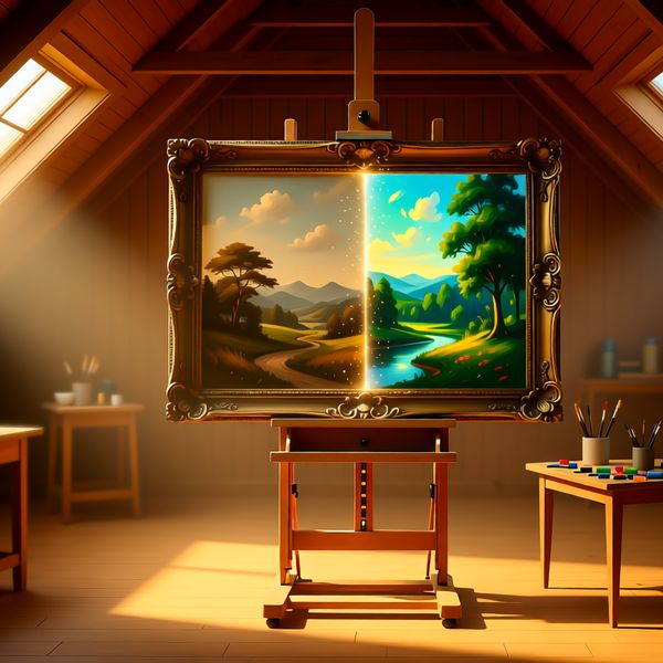 A hyper-realistic, wide-angle cinematic shot of a master restorer's sun-drenched attic studio. In...