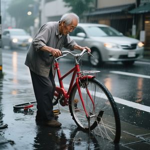 A candid street photo of an elderly Japanese man repairin...
