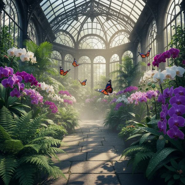 AI image generated by FLUX.2 [flex], ranked #13 of 17 in the "Victorian Greenhouse Oasis" arena challenge — prompt: Hyper-photorealistic interior of a lush Victorian glass greenhouse filled with exotic tropical plants, vibrant blooming orchids, tall ferns, colorful butterflies in flight, sunlight filtering through ornate glass roof creating realistic caustics and dew on leaves, intricate iron framework visible, misty atmosphere, 8K masterpiece.