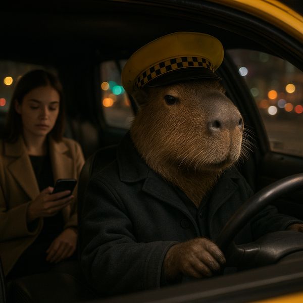 AI image generated by GPT Image 1 Mini, ranked #9 of 24 in the "The Capybara Taxi Driver" arena challenge — prompt: Photorealistic scene inside a yellow New York taxi at night. A capybara is driving, wearing a yellow taxi driver cap and a dark jacket. It has a calm, professional expression and both front paws on the steering wheel. 

In the back seat sits a human businesswoman in a coat, looking at her phone with a completely normal, bored expression (as if this is just another normal ride). Through the windows you can see the streets of Manhattan at night with blurred lights. Realistic taxi interior, photorealistic, detailed fur and fabric, 35mm lens, night lighting with reflections, shallow depth of field.