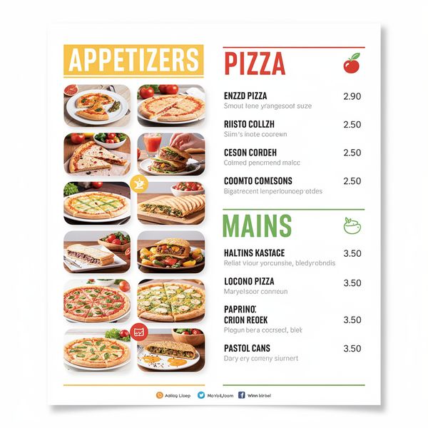 AI image generated by FLUX.2 [max], ranked #9 of 19 in the "Modern Clean Menu" arena challenge — prompt: Modern minimalist restaurant menu design, white background with colorful food photos in grid, sections for appetizers/pizza/mains, bold sans-serif fonts, vibrant accents, clean professional layout for casual dining.