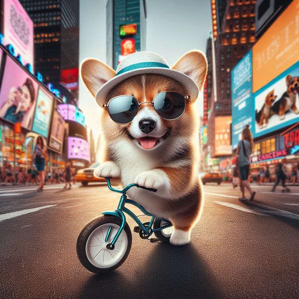 AI image generated by DALL-E 3 — prompt: A photo of a Corgi dog riding a bike in Times Square. It is wearing sunglasses and a beach hat.