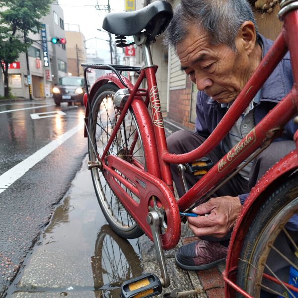 A candid street photo of an elderly Japanese man repairing a red bicycle in light rain, reflectio...