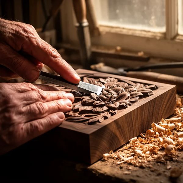 A hyper-realistic close-up of a weathered craftsman's hands carving an intricate floral relief in...