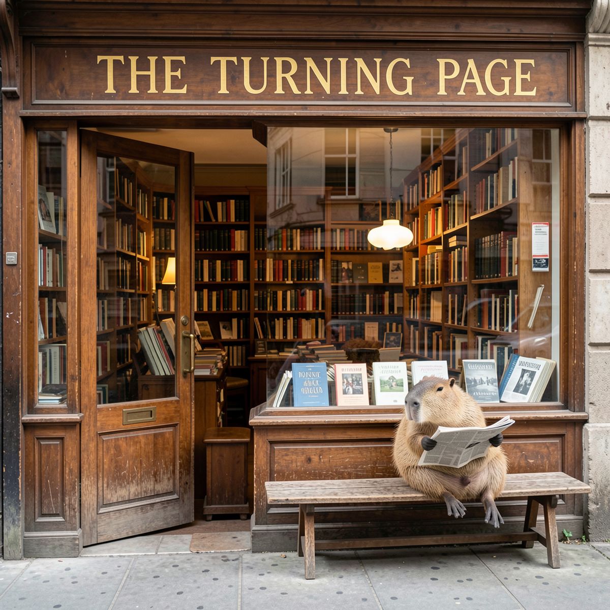 FLUX.2 [klein] 9B generated image of A vintage wooden storefront for a bookstore called "THE TURNING PAGE" in cris...