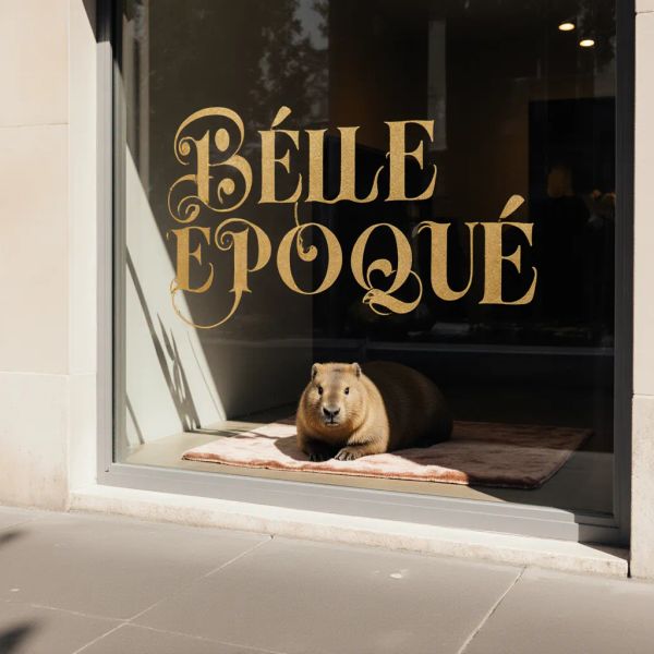 A sun-drenched minimalist storefront with a large glass window displaying the hand-lettered gold ...