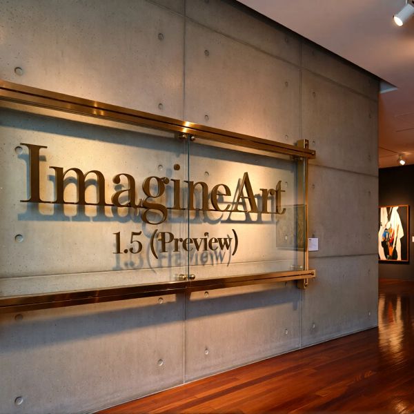 A wide, cinematic shot of a sophisticated, high-end gallery interior. In the center of a minimali...