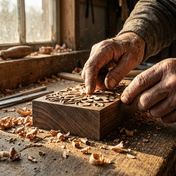 AI image generated by Wan 2.7 — prompt: A meticulous close-up of an elderly artisan's hands carving intricate floral patterns into a block of dark walnut wood. Fine wood shavings and sawdust are scattered across a rustic workbench. Warm, directional sunlight streams through a dusty workshop window, creating a dramatic chiaroscuro effect. Shallow depth of field, 8k resolution, cinematic lighting, hyper-realistic textures.