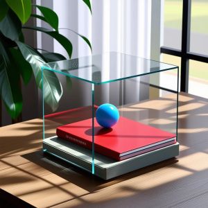 A glass cube on a wooden table. Inside the cube is a smal...