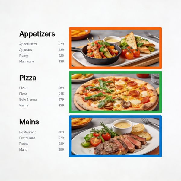 AI image generated by Seedream 4.5, ranked #11 of 19 in the "Modern Clean Menu" arena challenge — prompt: Modern minimalist restaurant menu design, white background with colorful food photos in grid, sections for appetizers/pizza/mains, bold sans-serif fonts, vibrant accents, clean professional layout for casual dining.