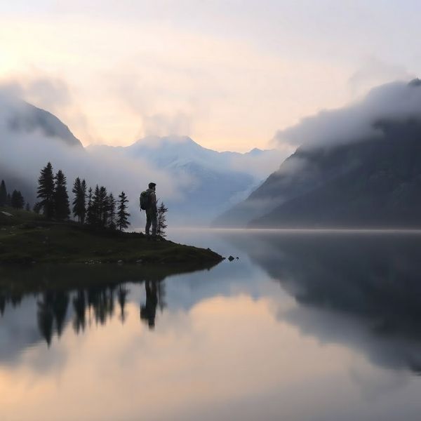 AI image generated by Nano Banana 2 Lite — prompt: Place the hiker from the first image standing at the edge of the lake in the second image, looking out at the peaks. Match the morning light and atmospheric depth of the landscape.