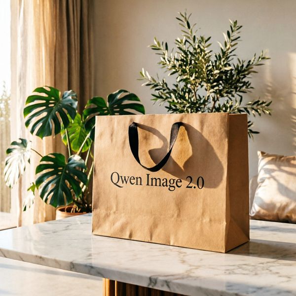 AI image generated by Qwen Image 2.0 — prompt: A wide, cinematic shot of a high-end, contemporary atelier located in a sun-drenched Mediterranean villa. In the center, a large, premium textured-paper shopping bag sits on a minimalist marble table; the brand name "Qwen Image 2.0" is printed elegantly across the bag in sophisticated, minimalist serif typography. Golden-hour sunlight streams through floor-to-ceiling windows, creating soft shadows and highlighting the rich textures of lush indoor plants and silk fabrics in the background. Professional color grading with warm tones and deep shadows, 16:9 aspect ratio, highly detailed and realistic.