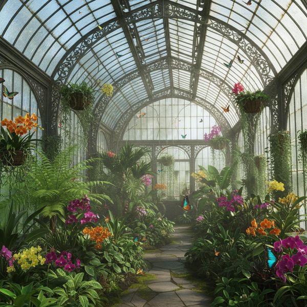 Hyper-photorealistic interior of a lush Victorian glass greenhouse filled with exotic tropical pl...