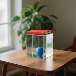 A glass cube on a wooden table. Inside the cube is a smal...