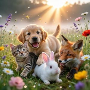 Hyper-photorealistic scene of fluffy baby animals—a golde...