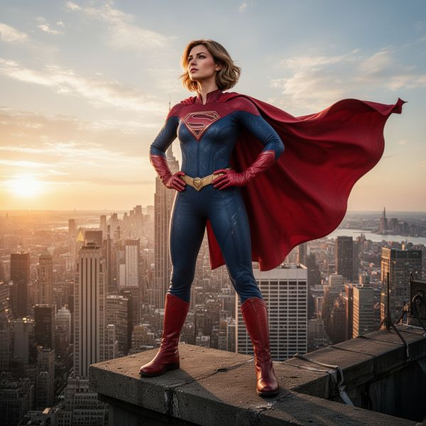 Hyper-photorealistic full-body portrait of a female superhero standing triumphantly on a New York...