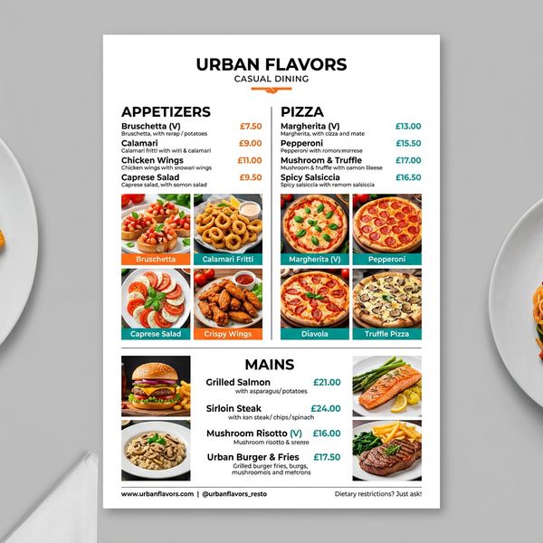 Modern minimalist restaurant menu design, white background with colorful food photos in grid, sec...