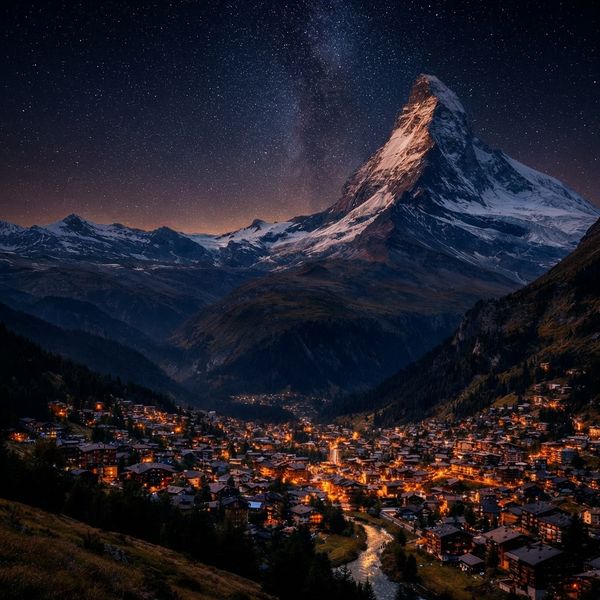 AI image generated by Nano Banana Pro, ranked #3 of 16 in the "Night Sky Transformation" arena challenge — prompt: Change the scene to night: a deep, dark sky with subtle, glistening stars visible behind the mountain.