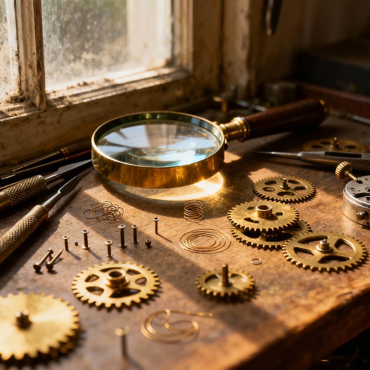 Riverflow 2 Max Preview generated image of A hyper-realistic close-up of an artisan watchmaker's workbench, shallow dept...