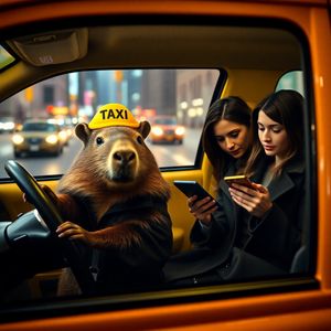Photorealistic scene inside a yellow New York taxi at nig...
