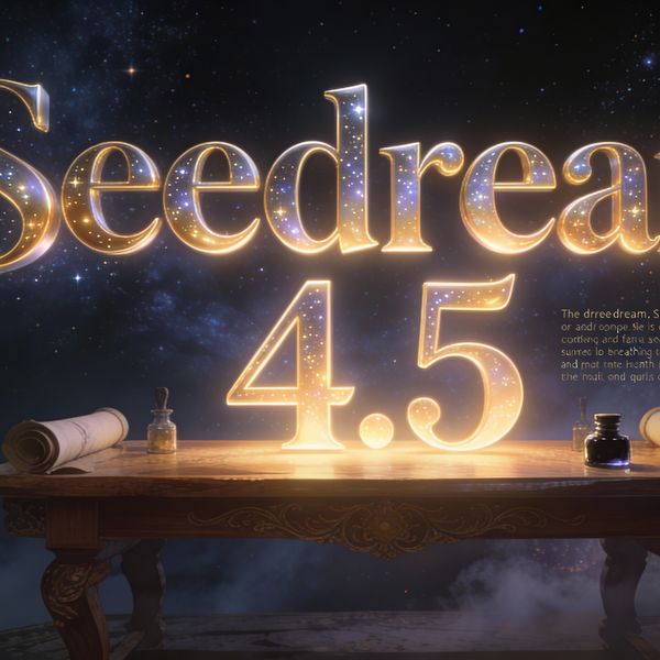 AI image generated by Seedream 4.5 — prompt: A grand, cinematic wide shot of a master calligrapher’s studio floating in a celestial void, where massive, glowing 3D letters made of liquid gold and stardust are being sculpted in mid-air to spell out "Seedream 4.5". The typography is the breathtaking centerpiece, radiating a soft warmth and illuminating the intricate scrolls and ink bottles scattered across a heavy oak table. The right side of the frame is a deep, misty atmosphere of nebulae, providing perfect breathing room for text overlay. In the lower-left corner, sitting quietly on a stack of ancient parchment by the calligrapher’s stool, a small capybara rests peacefully with a tiny ink brush tucked behind its ear, a subtle spectator to the cosmic creation. 16:9 aspect ratio, ultra-high definition, flagship quality, epic lighting.