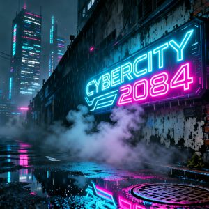 A hyper-realistic neon sign flickering "CYBERCITY 2084" a...