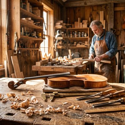 Nano Banana 2 generated image of Cinematic wide shot of a master carpenter's sun-drenched workshop, dust motes...