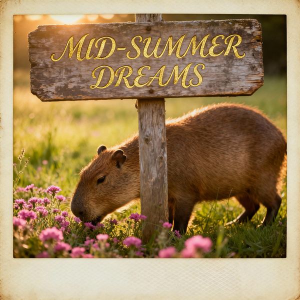 A nostalgic polaroid of a rustic wooden sign that reads "MID-SUMMER DREAMS" in elegant hand-paint...