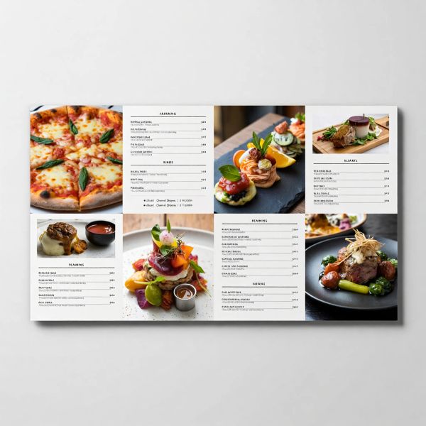 Modern minimalist restaurant menu design, white background with colorful food photos in grid, sec...