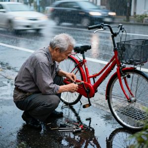A candid street photo of an elderly Japanese man repairin...