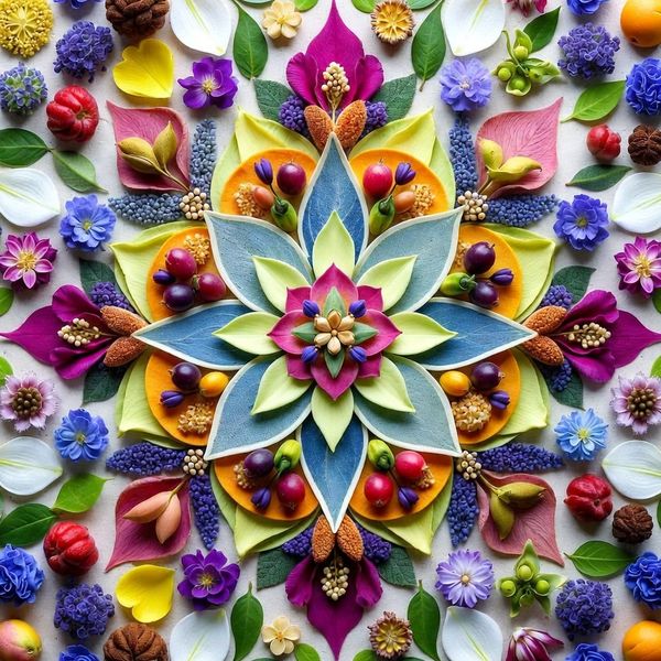 AI image generated by Grok Imagine Image, ranked #10 of 15 in the "Intricate Floral Mandala" arena challenge — prompt: Perfectly symmetrical mandala made entirely of real flowers, petals, leaves, fruits, and seeds in vibrant natural colors, intricate layered patterns with radial symmetry, top-down view on a soft neutral background, hyper-detailed organic textures and subtle shadows, photorealistic, 8K masterpiece.