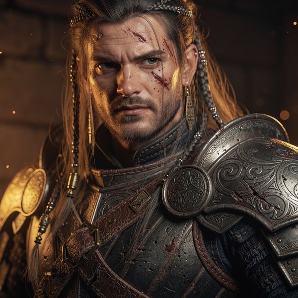 AI image generated by FLUX.2 [pro], ranked #2 of 14 in the "Fantasy Warrior" arena challenge — prompt: Close portrait of a battle-worn paladin in ornate engraved plate armor, hair braided with small beads, faint scars and dirt on the skin, warm torchlight reflecting off metal, shallow depth of field, bokeh sparks, lifelike eyes, highly detailed texture on leather straps and cloth underlayer.