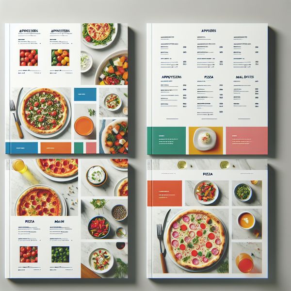 AI image generated by DALL-E 3, ranked #21 of 24 in the "Modern Clean Menu" arena challenge — prompt: Modern minimalist restaurant menu design, white background with colorful food photos in grid, sections for appetizers/pizza/mains, bold sans-serif fonts, vibrant accents, clean professional layout for casual dining.
