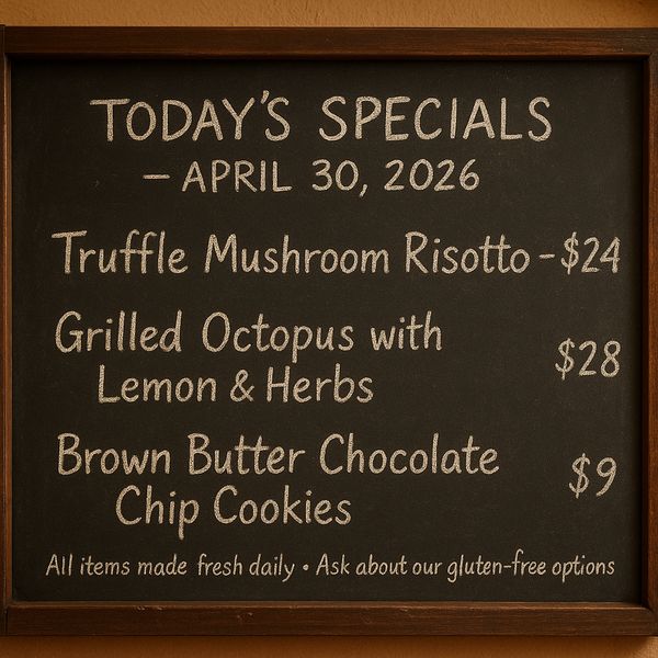 AI image generated by GPT Image 1 Mini, ranked #2 of 25 in the "Chalkboard Menu" arena challenge — prompt: Handwritten-style chalkboard menu in a cozy café, all text rendered in the exact same realistic chalk handwriting style with natural variations in letter size, slight slant, and chalk texture — no printed or digital fonts anywhere on the board.
Title at the top in elegant cursive chalk handwriting: ‘TODAY’S SPECIALS – APRIL 30, 2026’. 
Below it, three menu items also in the same handwritten chalk style: ‘Truffle Mushroom Risotto – $24’, ‘Grilled Octopus with Lemon & Herbs – $28’, ‘Brown Butter Chocolate Chip Cookies – $9’.
At the very bottom, smaller text in the identical handwritten chalk style (slightly smaller but still clearly legible with the same handwriting characteristics): ‘All items made fresh daily • Ask about our gluten-free options’.
Warm ambient café lighting, visible chalk dust and smudges, realistic handwriting imperfections, no clean printed text anywhere.