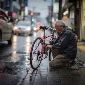 A candid street photo of an elderly Japanese man repairin...